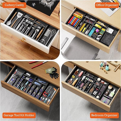 Silverware Organizer Large, Magnetic Connected Expandable 13 Slots Silverware Drawer Organizer From 21 to 37.4 Inches, Adjustable Flatware and Cutlery Holder, Bamboo Utensil Tray for Kitchen Black
