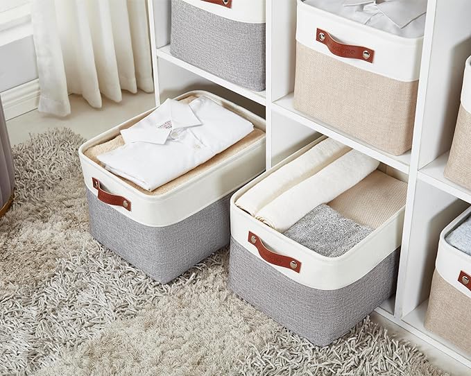 DECOMOMO Storage Bins, Extra Large Fabric Storage Baskets for Shelves, Decorative Linen Closet Organizer, 15.8 x 12.5 x 10 inches (Grey & White, 4 Pack)