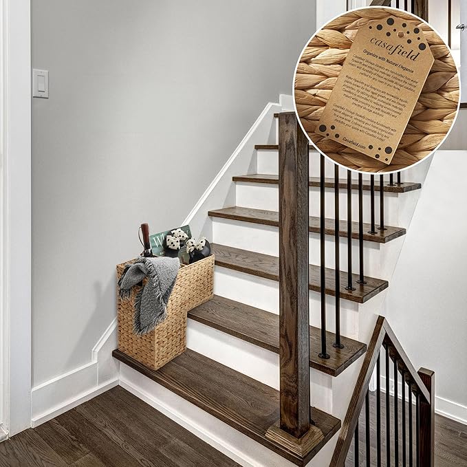 Casafield Stair Step Basket with Handles, Natural - Woven Water Hyacinth Staircase Basket Storage Bin Organizer