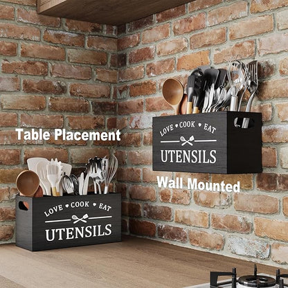 Extra Large Utensil Holder for Kitchen Counter with 4 Compartments, Kitchen Cooking Utensils Holder for Countertop,Black Wooden Utensil Caddy for Farmhouse Spatula,Cutlery,Wood Wall Mounted Organizer