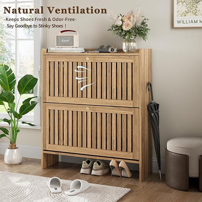 wanan 31.5" Modern Slatted Shoe Cabinet with 2 Flip Drawers, Adjustable & Removable Panels, Safety Guard Rail Top, Wide Shoe Storage Cabinet for Entryway (Light Oak)