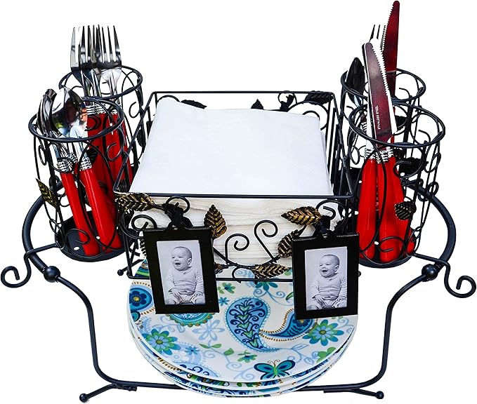 Utensil Caddy - Silverware Caddy or Napkin, Cutlery and Plate Holder - The Ideal 2-Piece Portable Outdoor Kitchen Accessories Buffet Organizer for Picnics, Camping, Barbecue, Parties and Events