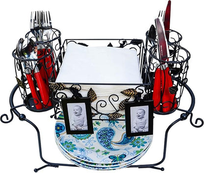Utensil Caddy - Silverware Caddy or Napkin, Cutlery and Plate Holder - The Ideal 2-Piece Portable Outdoor Kitchen Accessories Buffet Organizer for Picnics, Camping, Barbecue, Parties and Events