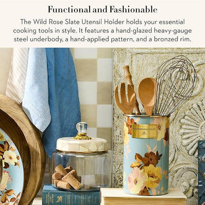MACKENZIE-CHILDS Enamel Utensil Holder, Stylish Kitchen Countertop Organizer, Wild Rose Slate