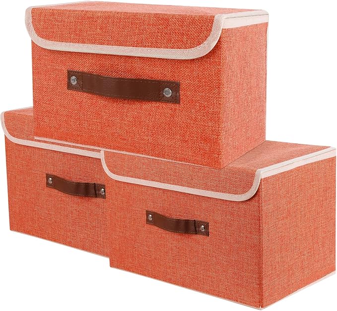 Large Storage Bin with Lid Storage Boxes,Collapsible Linen Storage Basket Container with Lid Storage Cube for Organizing Closets,3 Pack(Orange)