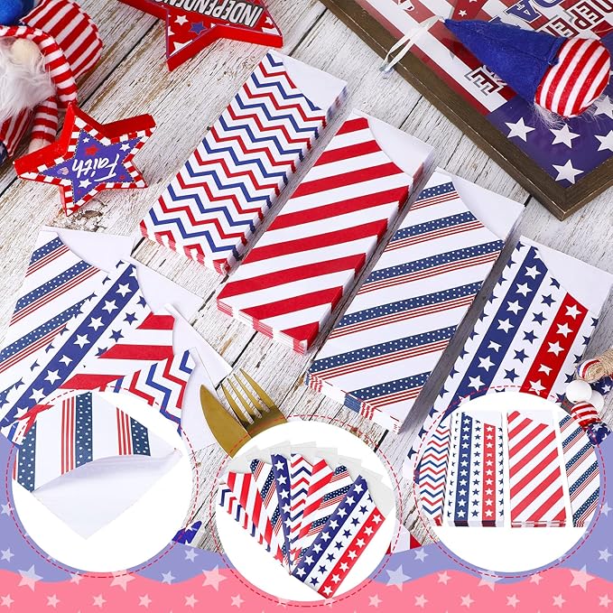 Roowest 100 Pcs 4th of July Silverware Bags Bulk Independence Day Party Supplies Disposable American Flag Paper Utensil Bags for Patriotic Party Home Wedding Party Table Decorations