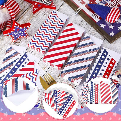 Roowest 100 Pcs 4th of July Silverware Bags Bulk Independence Day Party Supplies Disposable American Flag Paper Utensil Bags for Patriotic Party Home Wedding Party Table Decorations