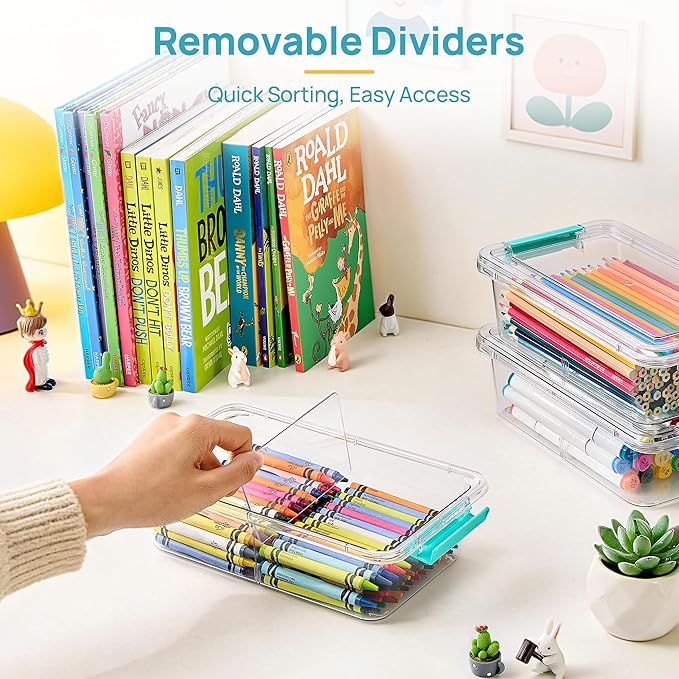 Vtopmart 12 Pack 1.5Qt Clear Pencil Box, Plastic Pencil Holder with Removable Divider for Pen Organizer, Small Stackable Containers with Lid for Pen, Art Craft, Sticker, Scrapbook & Office Supplies