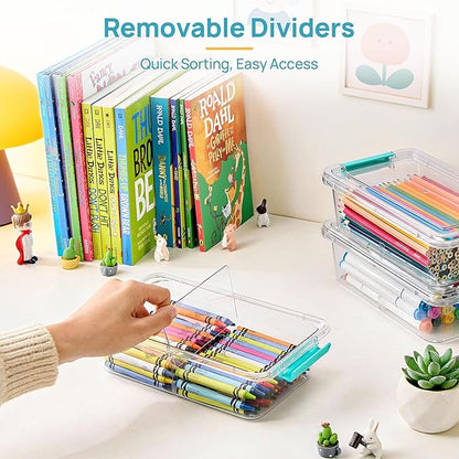 Vtopmart 12 Pack 1.5Qt Clear Pencil Box, Plastic Pencil Holder with Removable Divider for Pen Organizer, Small Stackable Containers with Lid for Pen, Art Craft, Sticker, Scrapbook & Office Supplies