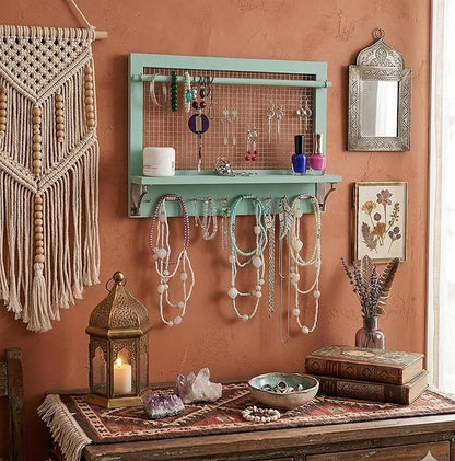 Jewelry Organizer, Wall Mount Jewelry Holder Rack with Hooks Shelf and Removable Rod Hanging Display Earrings Necklaces Bracelets Rings Storage Accessories Wood in Shabby Chic Turquoise