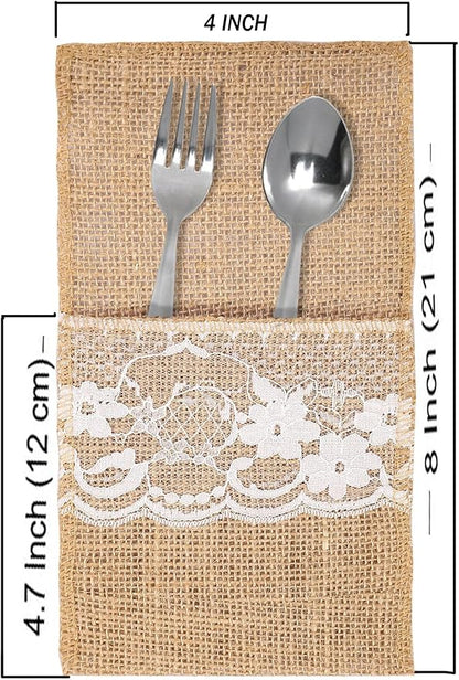 MDS Pack Of 125 Wedding Burlap 4 x 8 Inch Burlap Lace Utensil Cutlery Holders Pouch Silverware Holder Knifes Forks Bags Burlap Napkin Bag for Rustic Wedding Party and Tableware Decorations