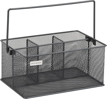 Mind Reader Multi-purpose Storage Caddy with Handle, Desktop Organizer, Cutlery Holder, 4 Compartments, Metal Mesh, Gray