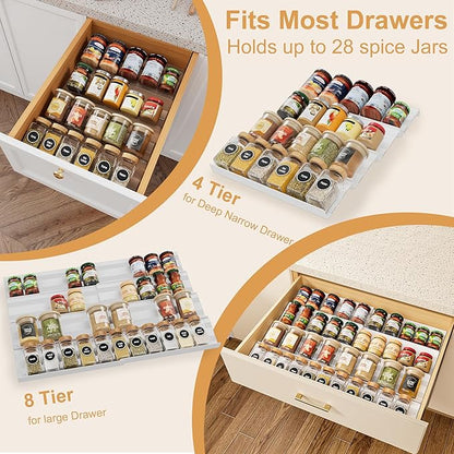 Spice Drawer Organizer 4 Tier, Adjustable White Kitchen Seasoning Rack Tray (13" to 26"), with Anti-Slip Mat, for Cabinet Countertop (Jars Not Included)-White