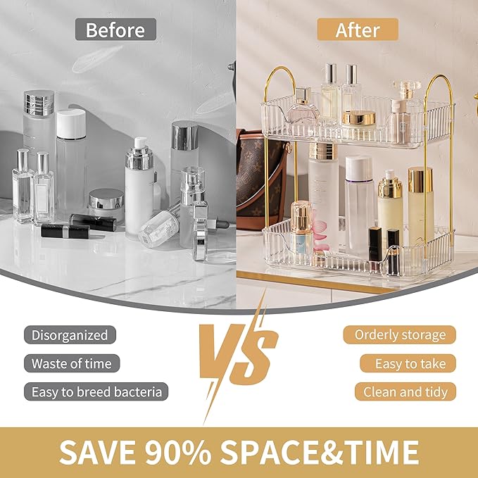 Akinbas 2 Tier Bathroom Organizer Countertop Makeup Perfume Tray Skincare Organizer for Bathroom Dresser Vanity (White)