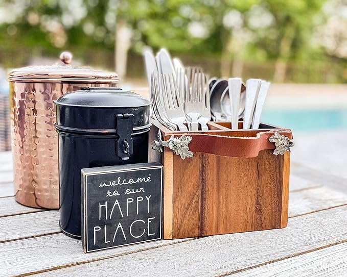 Vagabond House Caddy Square Acacia Wood Flatware/Serve ware/Utensil/Carry-All Holder with Solid Pewter Acorn & Oak Leaf Accent and Real Leather Handles, 4 Compartments 8 inch x 7 inch