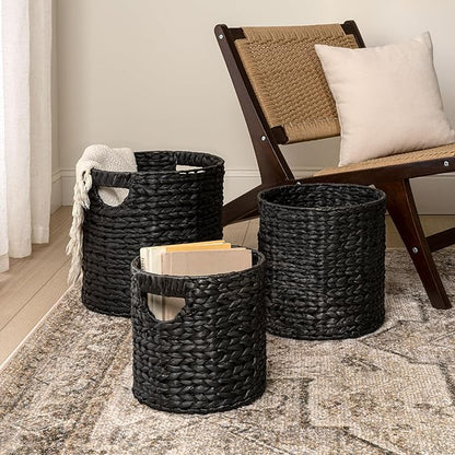 happimess BSK2011C-3SET Avery Bohemian Cottage Handwoven Hyacinth Cylinder Nesting Baskets with Handles, Black (Set of 3)
