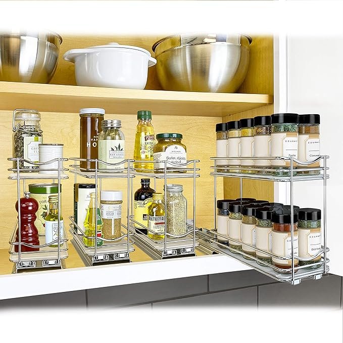 LYNK PROFESSIONAL® Pull Out Spice Organization for Cabinets - 4-3/8 inch Wide – Spice Rack for Inside Cabinets, Slide Out Spice Rack Organizer for cabinet – Pull Out Spice Rack, Sliding 2 Tier Chrome