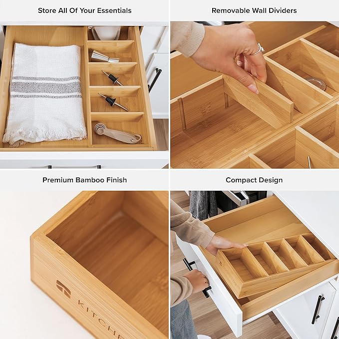 KitchenEdge Premium Kitchen Utensils and Junk Drawer Organizer – Small 5-Compartment Design with 4 Removable Dividers, Non-Slip Feet, 100% Sustainable Bamboo
