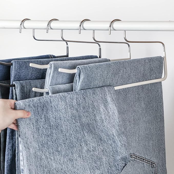 SHIMOYAMA Pants Hangers, 5 Pack, Trouser/Slack Hangers, Open Ended Double Rods Hanger, Space-Saving Clothes Hanger, White
