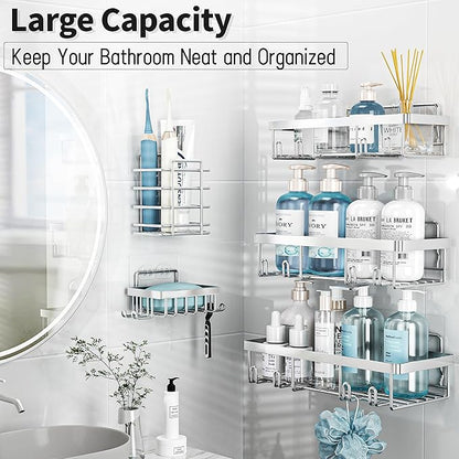 Liuoud 10 Pack Shower Caddy Organizer Rack Shelf for Inside Shower, Self Adhesive Wall Storage Basket Rustproof Stainless Steel Shampoo Holder Bathroom Accessory Decor Set, Silver