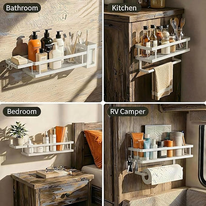 PUSDON 5-in-1 Shower Caddy & Kitchen Organizer Set, Wall Mount Wide Spice Rack with Paper Towel Holder, Utensil Holder, Soap Dish, Rustproof Mesh Baskets Hold 50LBS - Silver Gray, Guardrail