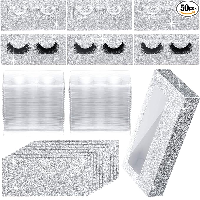 Maitys 50 Sets Empty Lash Case Set, Include Empty Eyelash Box Packaging Storage Box, Eyelash Boxes Tray False Storage, Internal Background Paper(Silver)