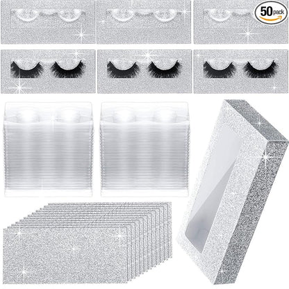 Maitys 50 Sets Empty Lash Case Set, Include Empty Eyelash Box Packaging Storage Box, Eyelash Boxes Tray False Storage, Internal Background Paper(Silver)