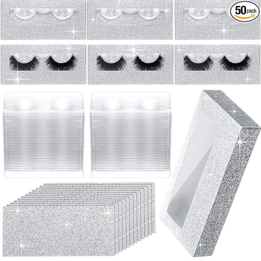 Maitys 50 Sets Empty Lash Case Set, Include Empty Eyelash Box Packaging Storage Box, Eyelash Boxes Tray False Storage, Internal Background Paper(Silver)