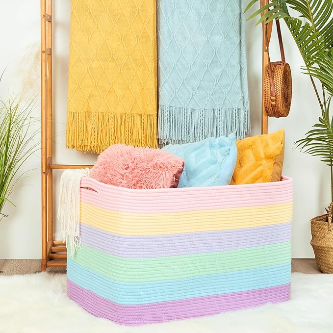 MINTWOOD Design 112L Extra Large Blanket Basket Holder Living Room, 25"x17"x16" Rectangle Rope Woven Storage Basket with Handles for Laundry, Towels, Shoes, Dog Toy Organizer Bin Box, Pastel Rainbow