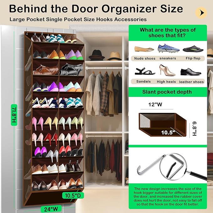 Kotkn 10-Tier Over the Door Shoe Organizer, 20 Pockets Holds 20-30 Pairs, Heavy-Duty Oxford Fabric with Hexagon Mesh for Boots & Sneakers-Coffee Brown