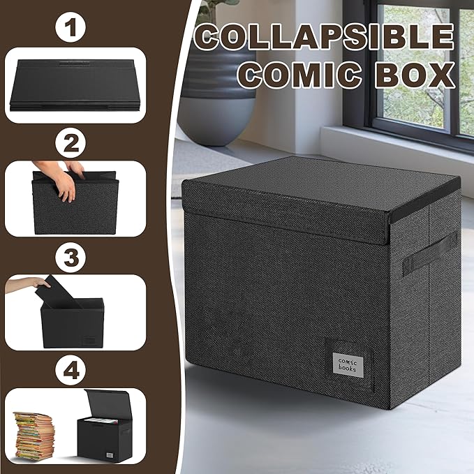 Leffis 3 Pack Comic Book Storage, Comic Book Box Collapsible and Stackable Comic Short Box with Lid and Label Slot 15.5" X 7.5" X 11.3" Holds 150 Comics (Black)