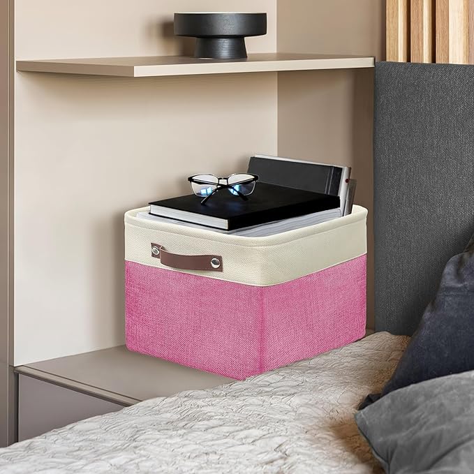 Simple Houseware 15" x 11" Large Fabric Storage Bin for Closet and Shelves, Leather Like Handles, 3 Pack, Pink
