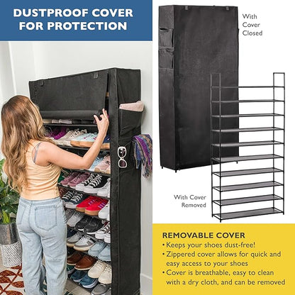 Sundaze Shoe Rack with Cover - 10 Tier Shoe Rack for Front Door Entrance, Sturdy Tall Shoe Organizer for Bedroom, Closet, Garage, Non Woven Fabric Shelf, Black, Holds Up to 50 Pairs