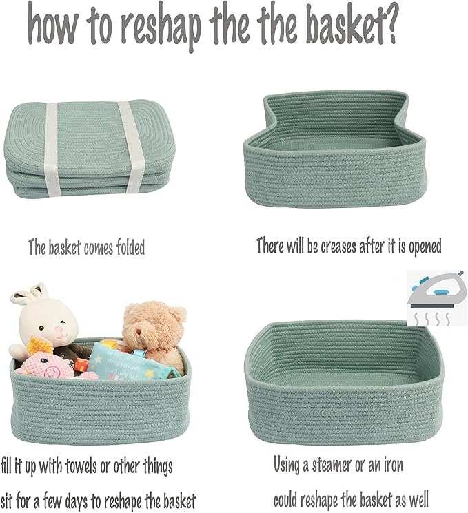 XUANGUO Small Woven Storage Baskets 12“X8”X5“ Decorative Rope Bins for Organizing Shelves, Closets, and Toys, Empty Gift Baskets, Cute Organizer Basket for Home and Office (green, regular)