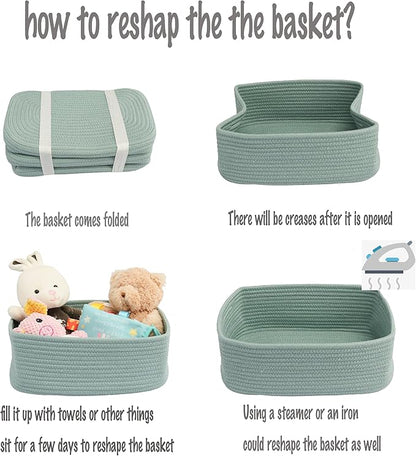 XUANGUO Small Woven Storage Baskets 12“X8”X5“ Decorative Rope Bins for Organizing Shelves, Closets, and Toys, Empty Gift Baskets, Cute Organizer Basket for Home and Office (green, regular)