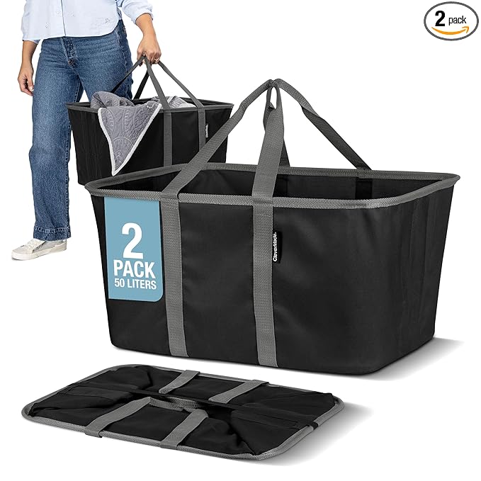 CleverMade Collapsible Laundry Tote 2-Pack (50L) – Foldable Carry-All Storage Bin for Laundry, Car Trunk, RV, Dorm & Home Organization - Black