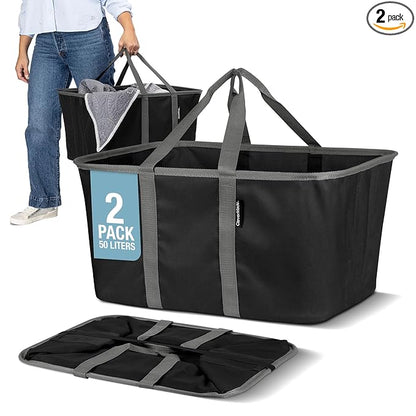 CleverMade Collapsible Laundry Tote 2-Pack (50L) – Foldable Carry-All Storage Bin for Laundry, Car Trunk, RV, Dorm & Home Organization - Black