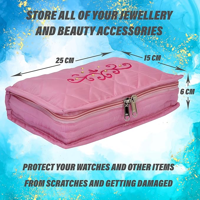 Kuber Industries Embroidery Design Satin Jewellery Pouch Cum Makeup Kit, Pack of 2 (Green & Pink)