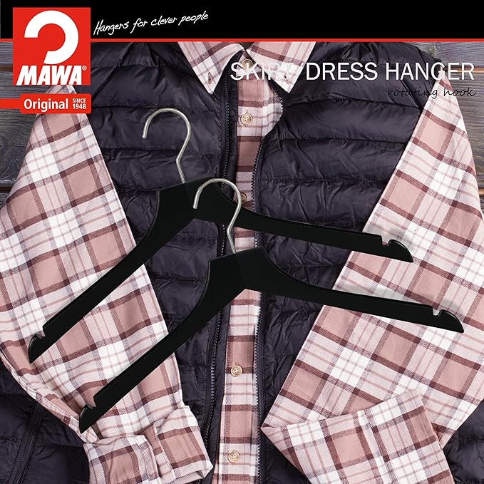 MAWA by Reston Lloyd, European Wooden Hanger, Beech Wood Straight Hanger with Shoulder Notches, Rotating Chrome Hook, Black Finish, for Shirts, Blazers, Dress Clothes Hanger, Set of 5 (26115)
