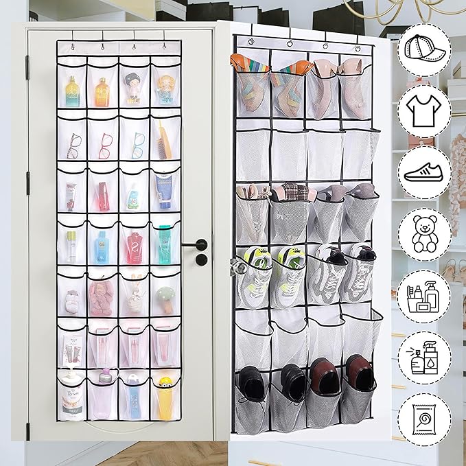 24 Pockets-Door Hanging Shoe Organizer,Underwear Organizer,Sunglasses Storage,Food Snacks Pouches Spice Packets Storage,Shoe Rack,High heel Shoe Organizer with Deep Pockets,Bedroom,Bathroom,Pantry