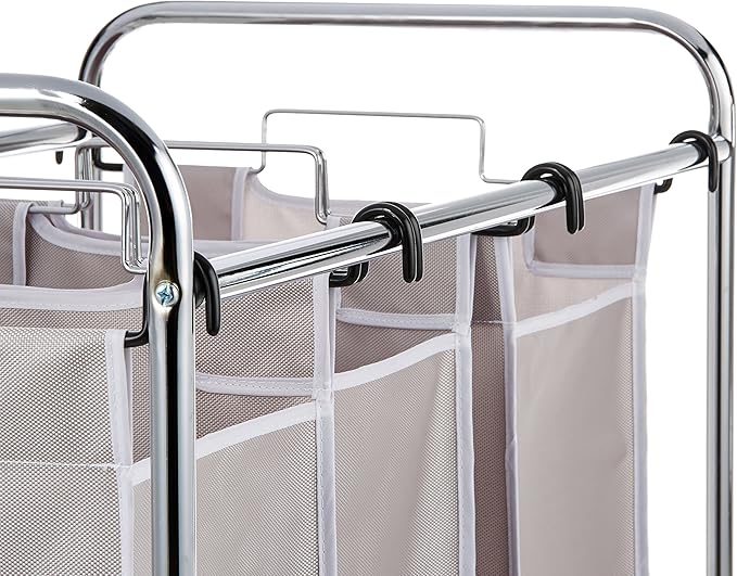 Amazon Basics 3-Bag Laundry Sorter with Removable Bags, Metal Frame, Washable, Locking Wheels, Gray