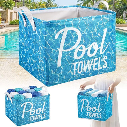 Yungyan Pool Towel Storage Basket Bin and Organizer Large Pool Towel Storage Basket Waterproof Canvas Cube with Handle Beach Gift for Outdoor Summer Seaside Home Clothes Books Toys Organization, Blue