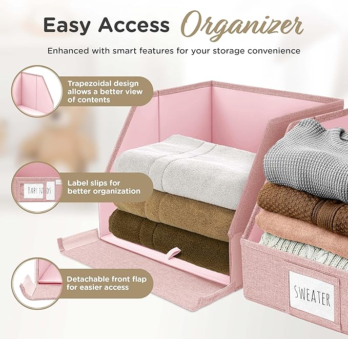 VIVIDECOR Open Front Trapezoid Closet Bins 12x12x10 – Easy Access Shelf Organizer for Clothes, Sweaters, Nursery Storage – Pink, 3 Pack