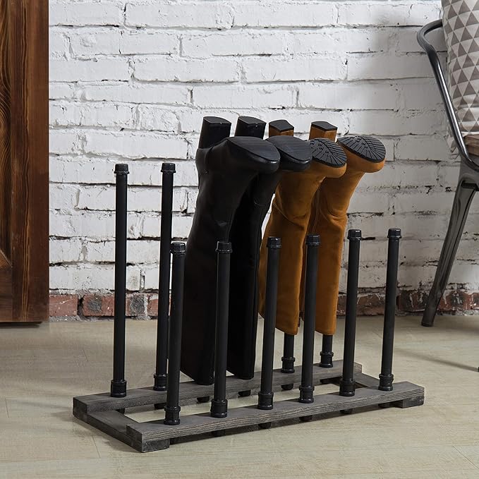 MyGift Rustic Wood Entryway Boot Rack Organizer Tall Boots Inverter Holder - Holds up to 6 Pairs (Vintage Gray Wood & Black Metal Material Wood, Metal)