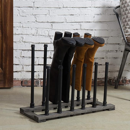 MyGift Rustic Wood Entryway Boot Rack Organizer Tall Boots Inverter Holder - Holds up to 6 Pairs (Vintage Gray Wood & Black Metal Material Wood, Metal)