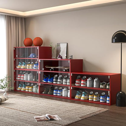 LED Wooden Shoe Box With Glass Door, Storage Organizer With RGB Light for Up to 6 Pairs, Display Bin for Sneakers (Red, 2 Layers)
