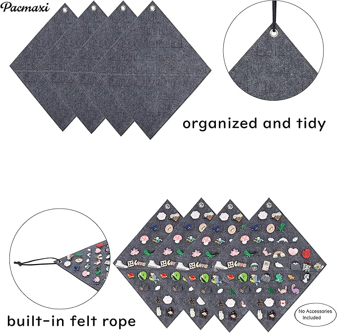 PACMAXI 4 Pieces Hanging Brooch Pin Storage Organizer, Wall Display Banners for Enamel Pins, Buttons and Label Collections, Hold Up to 172 Pins.(Bag Only) (4 Pieces-Grey)