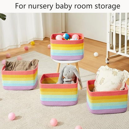 Rainbow Rope Basket for Storage 4 Pack Cotton Rectangular Baskets for Shelves Woven Toy Storage Bins for Nursery Kids in Classroom 12.7"Lx9"Wx7.9"H