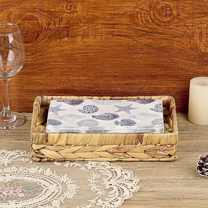 Bathroom Vanity Tray, Water Hyacinth Narrow Counter Tray with Handles, Decorative Woven Organizer Trays for Toilet Tank, Shelves, Farmhouse Hand Towels Basket Holder for Storage (Small)