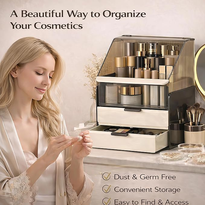 Large 3-Tier Makeup Organizer with Drawers and Lipstick Holder, Dustproof Waterproof Skincare Storage Box for Bathroom Countertop, Vanity Cosmetic Organizer,Clear Black/White
